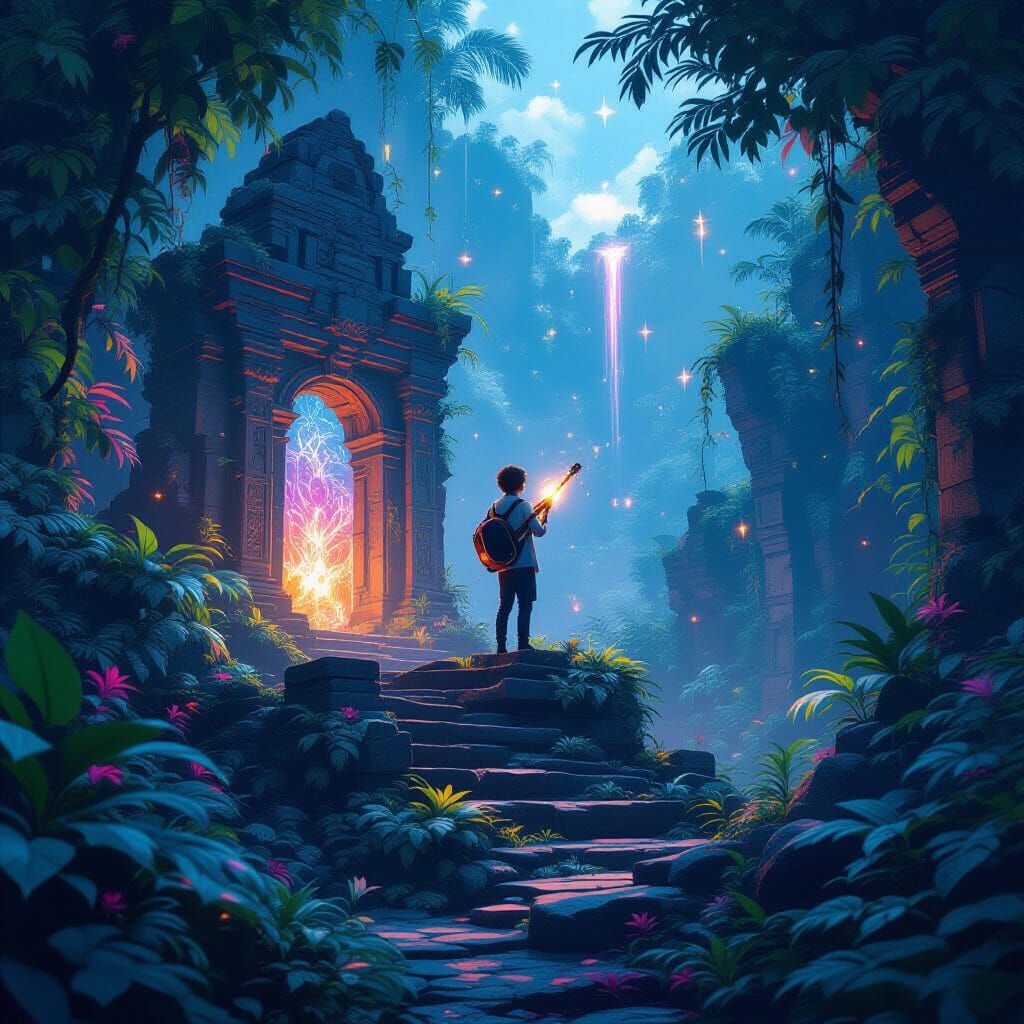 Majestic Musician Amidst Ancient Ruins