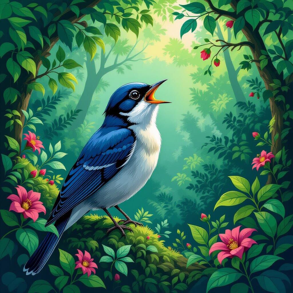 Nightingale Sings in Lush Forest: Audubon-Style Illustration