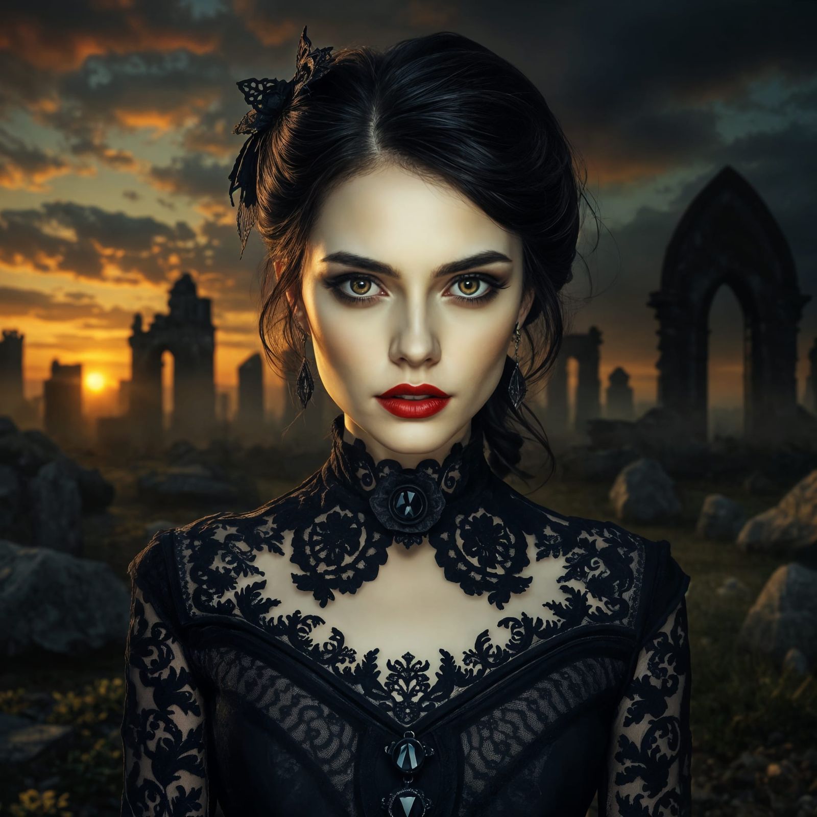 Gothic Woman in Ruins at Sunset in Victorian Style