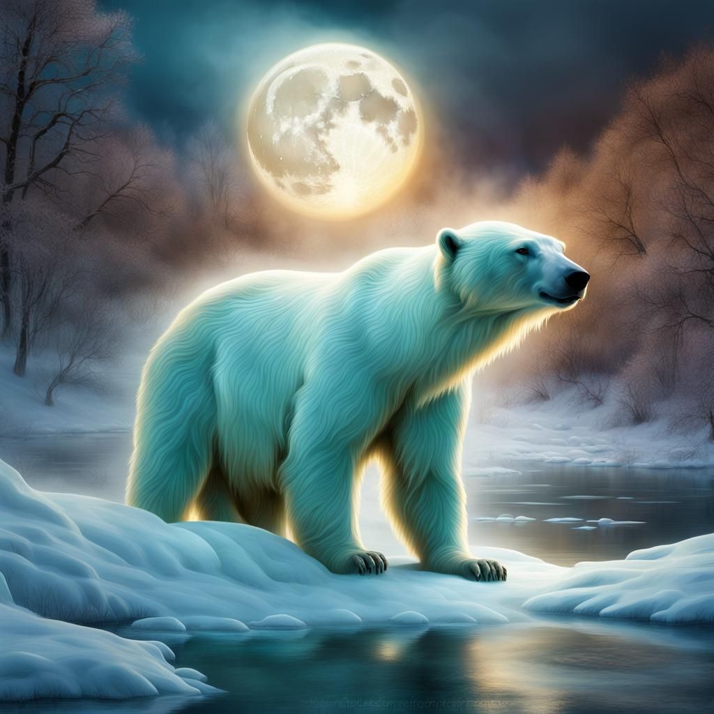 Bioluminescent Polar Bear with Moonlit Snow River