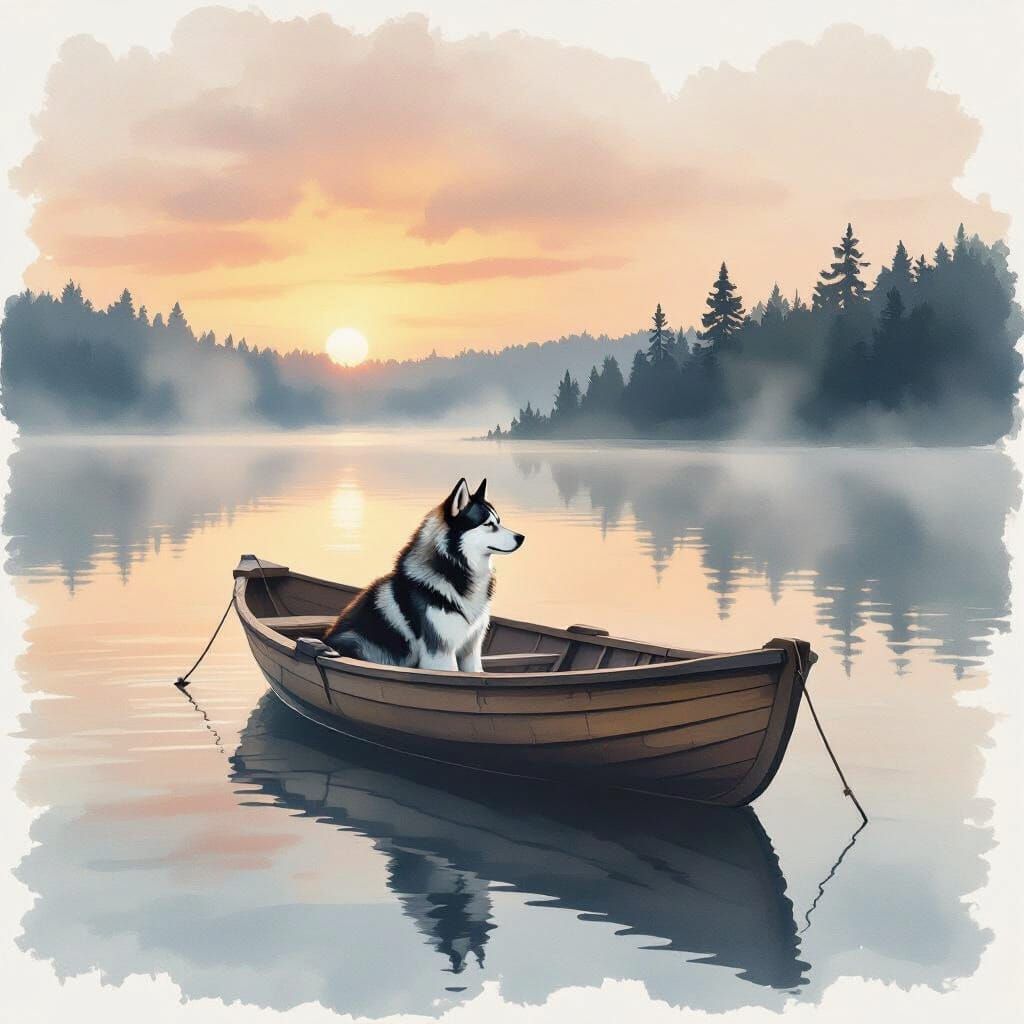 Husky Drifts on Calm Lake at Dawn in Watercolor Style