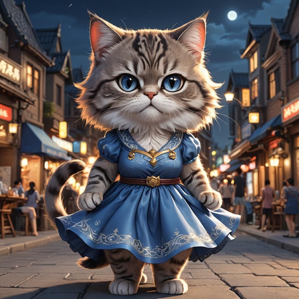 Frustrated Cartoon Cat in Blue Dress at Night