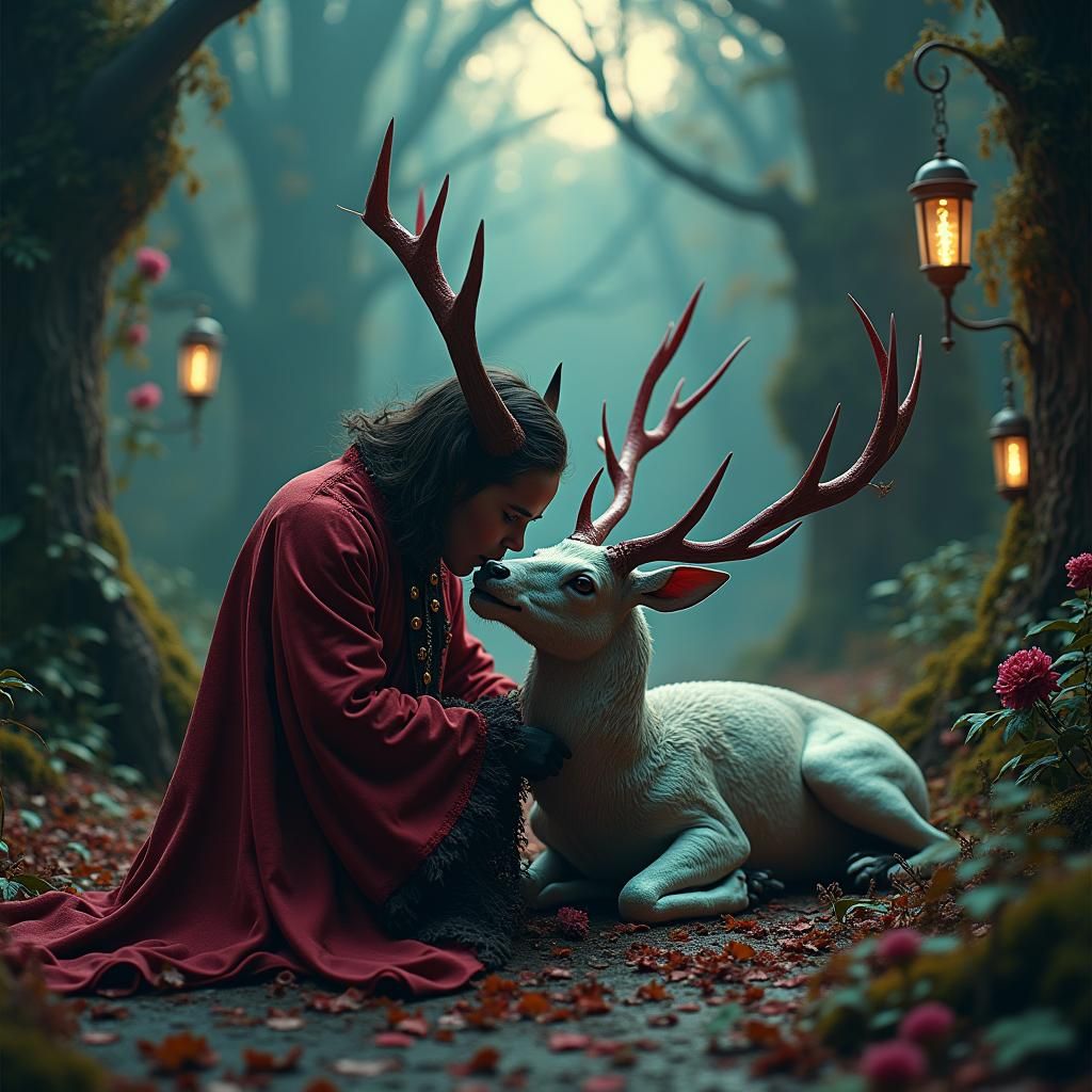 Gothic Demon Devouring Deer in Steampunk Garden