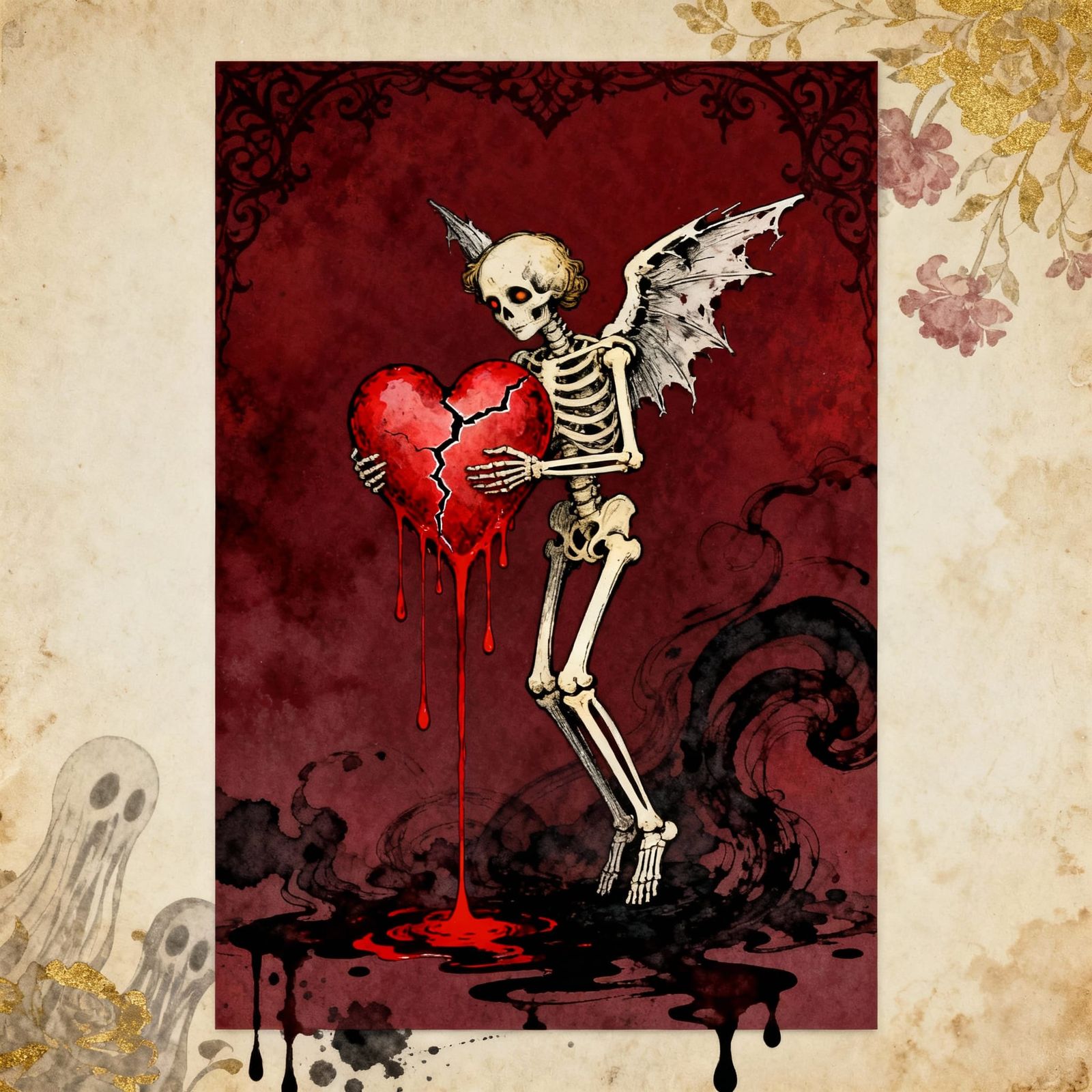Skeletal Cupid Drips Heart on Dark Valentine Card