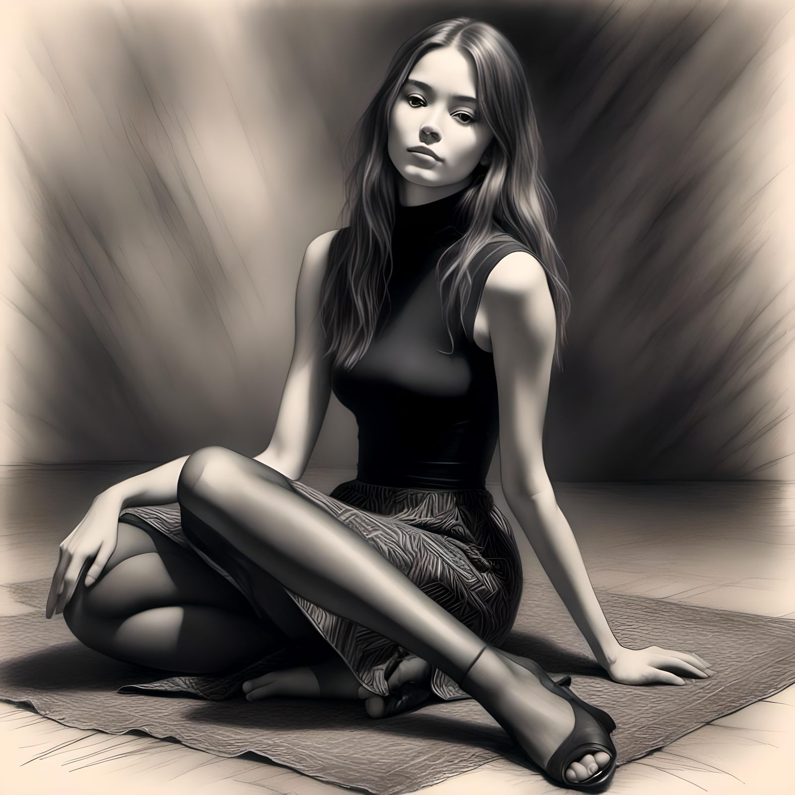 Charcoal Pencil Drawing of Woman in Black Turtleneck