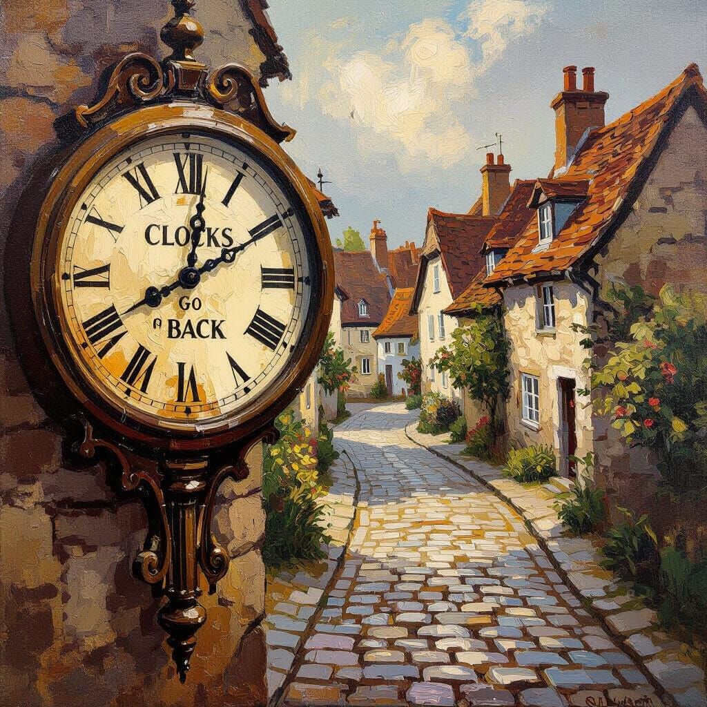 Vintage Clock Face Oil Painting with Village Scene