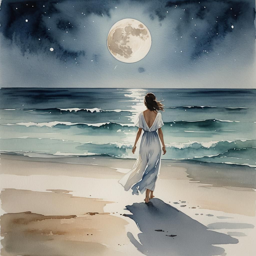 Woman in White on Endless Beach in Watercolor