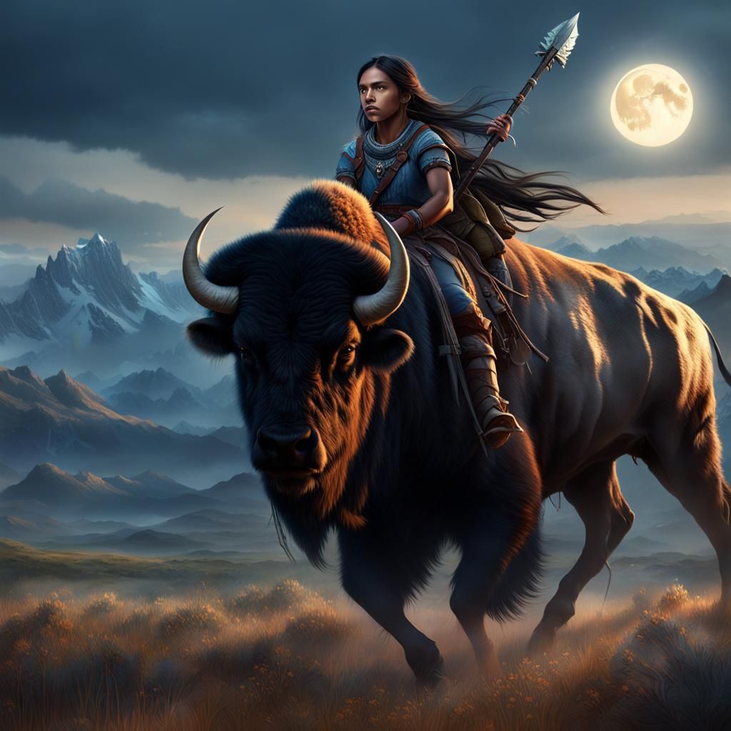 Native American Teen Warrior on Bison in Moonlight