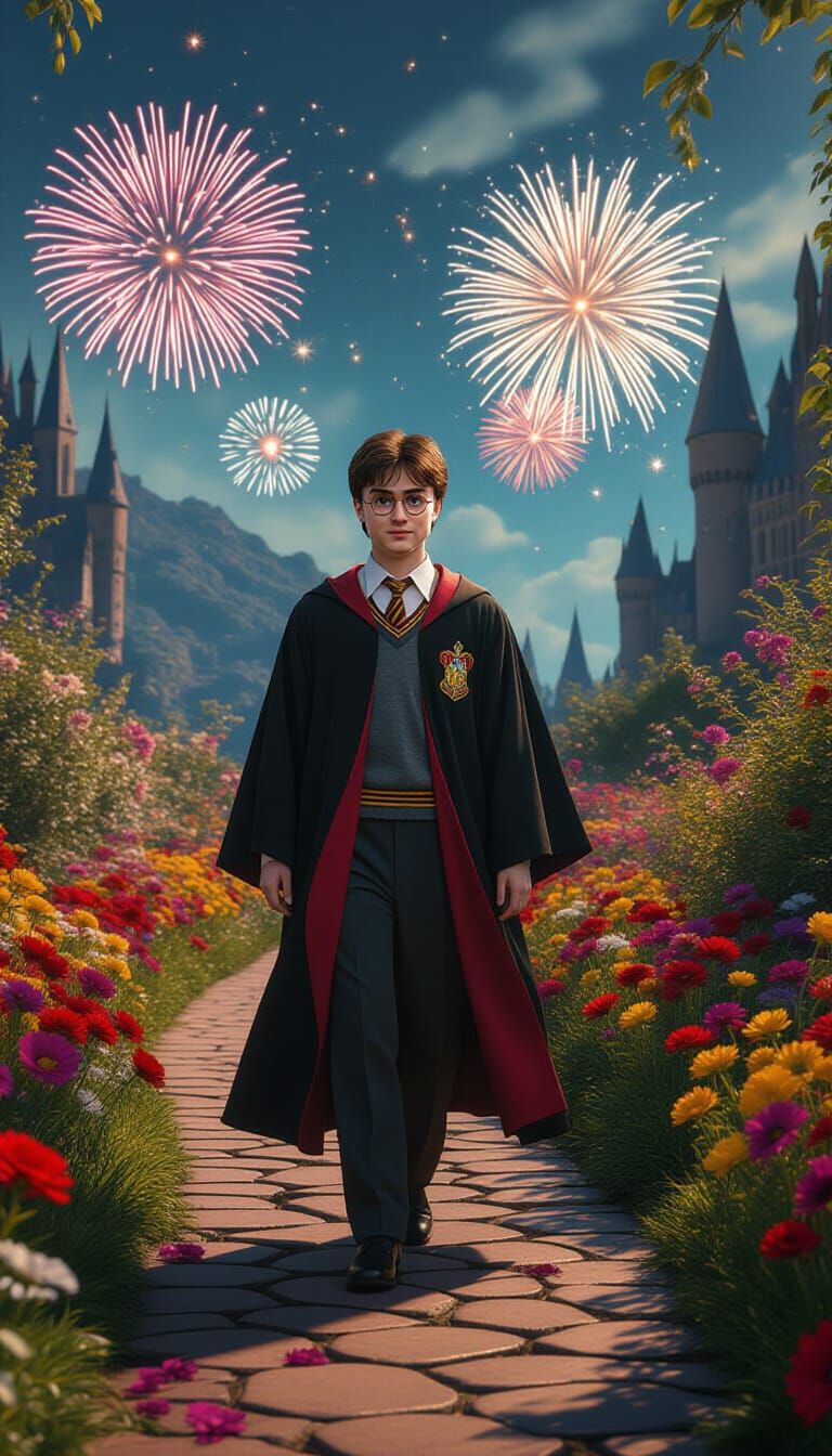 Harry Potter in Surreal Garden with Fireworks