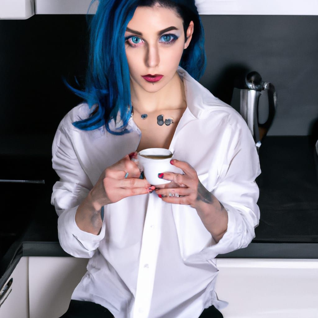 Blue-Haired Girl with Coffee Cup