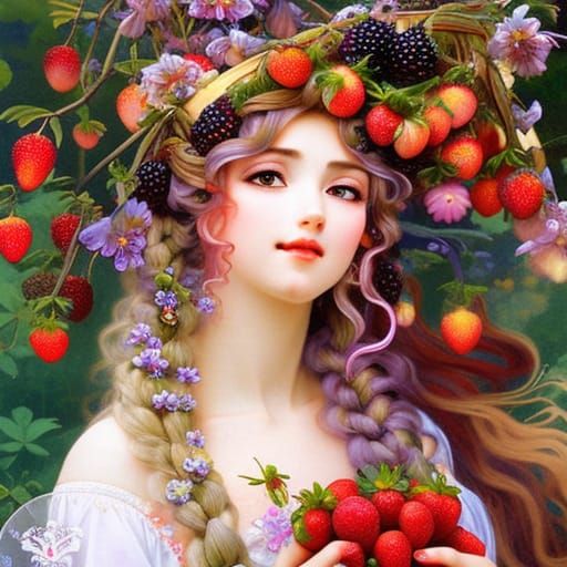Summer Fairy with Fruit Crown, Mucha Style