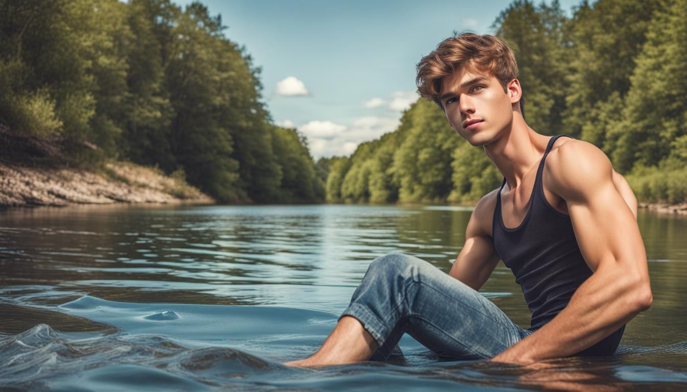 Teenage Swimmer with Six Pack by River