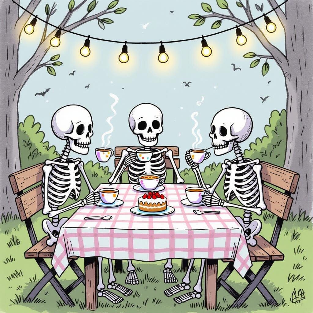 Whimsical Skeletons at a Birthday Picnic