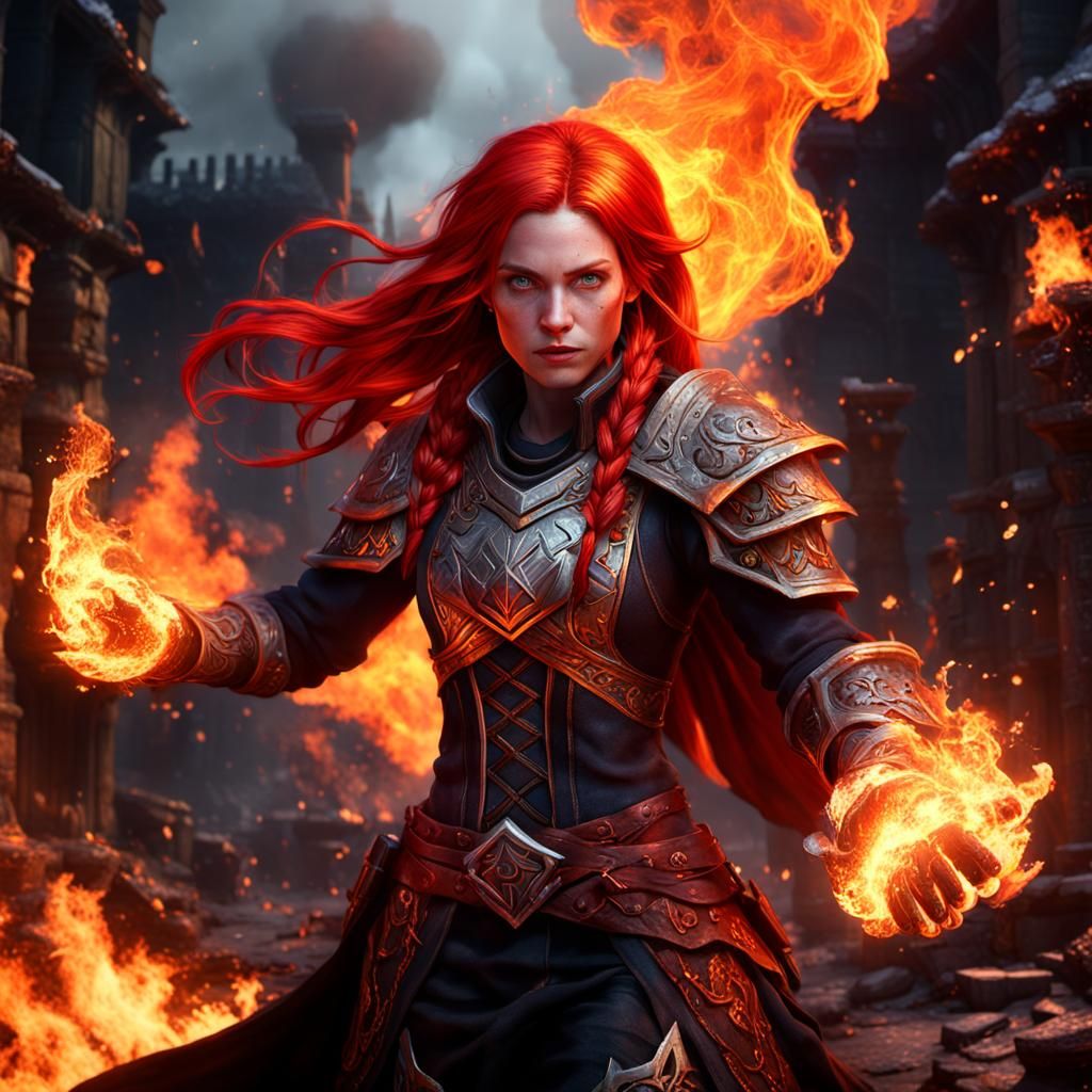 Fiery Female Pyromancer in Detailed Matte Painting