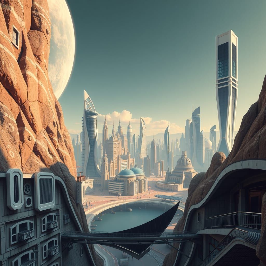 Futuristic Cityscape with Rounded Architecture and Blue Wind...