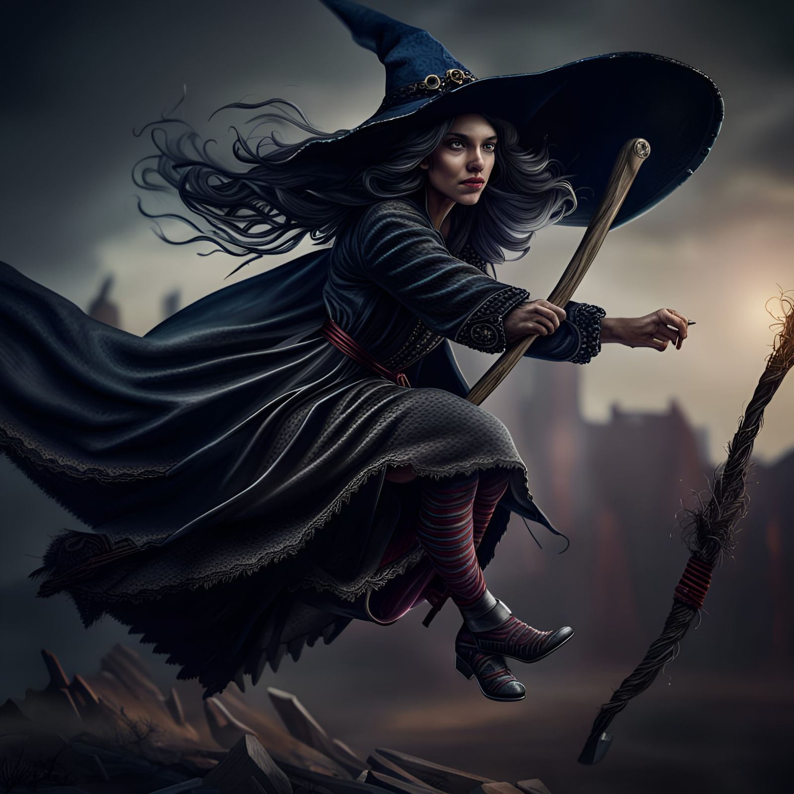 Enchanting Witch Rides Broomstick in Hyperrealistic Style
