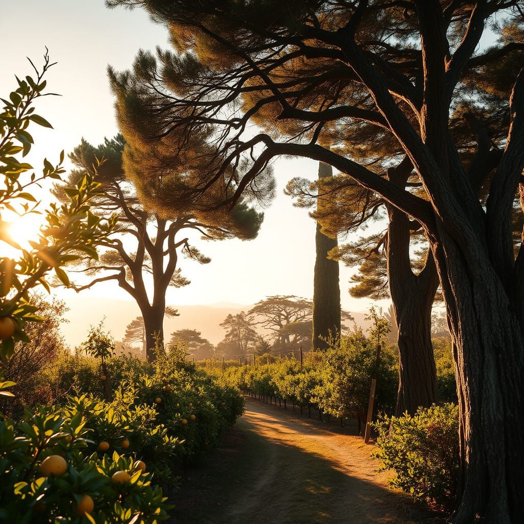 A sunny Californian grove with citrus orchards blending into coastal cypress silhouettes.