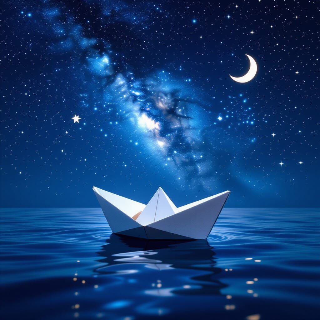 Origami Boat Under Starry Celestial Sky