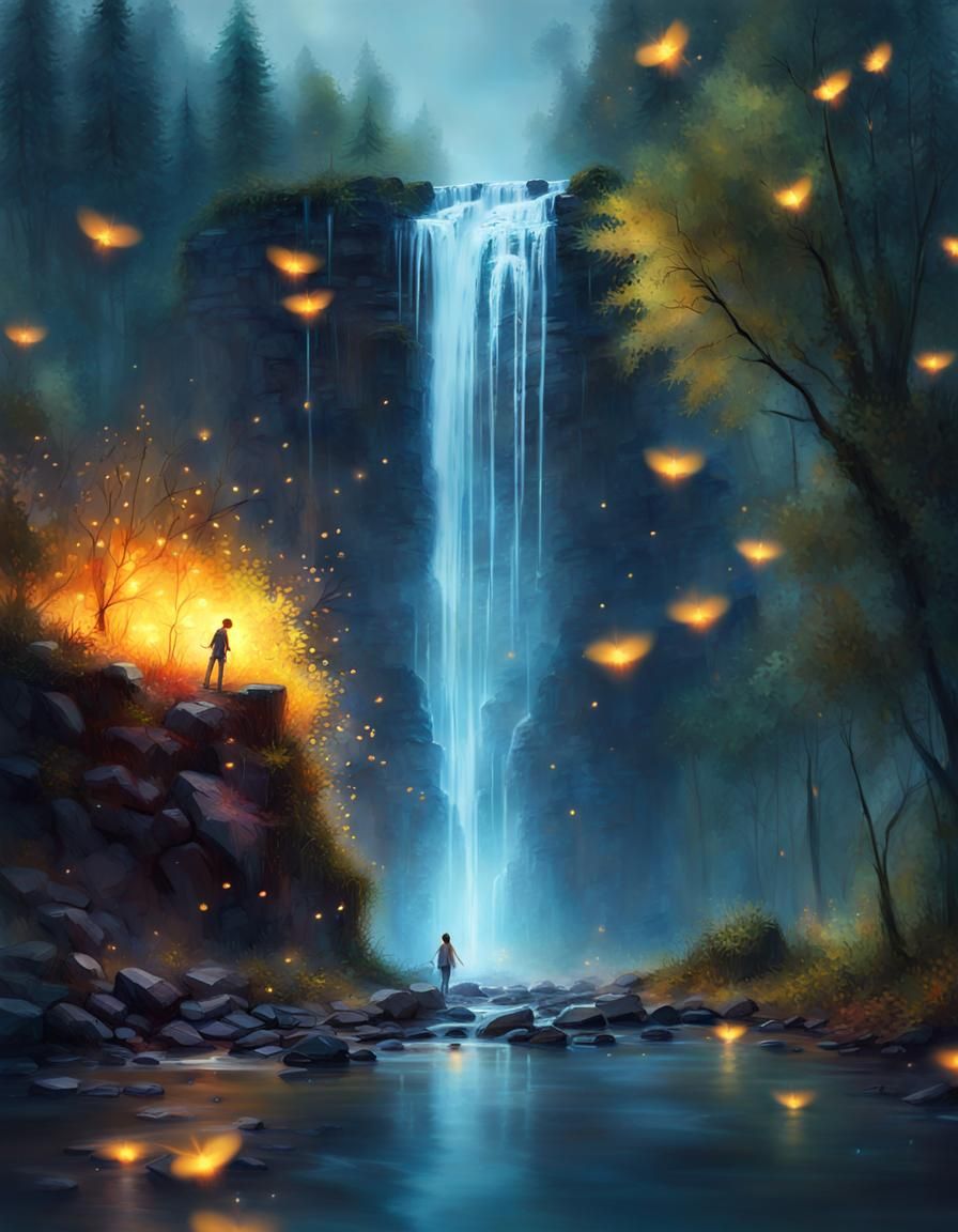 Magical Waterfall Impressionist Painting with Fireflies