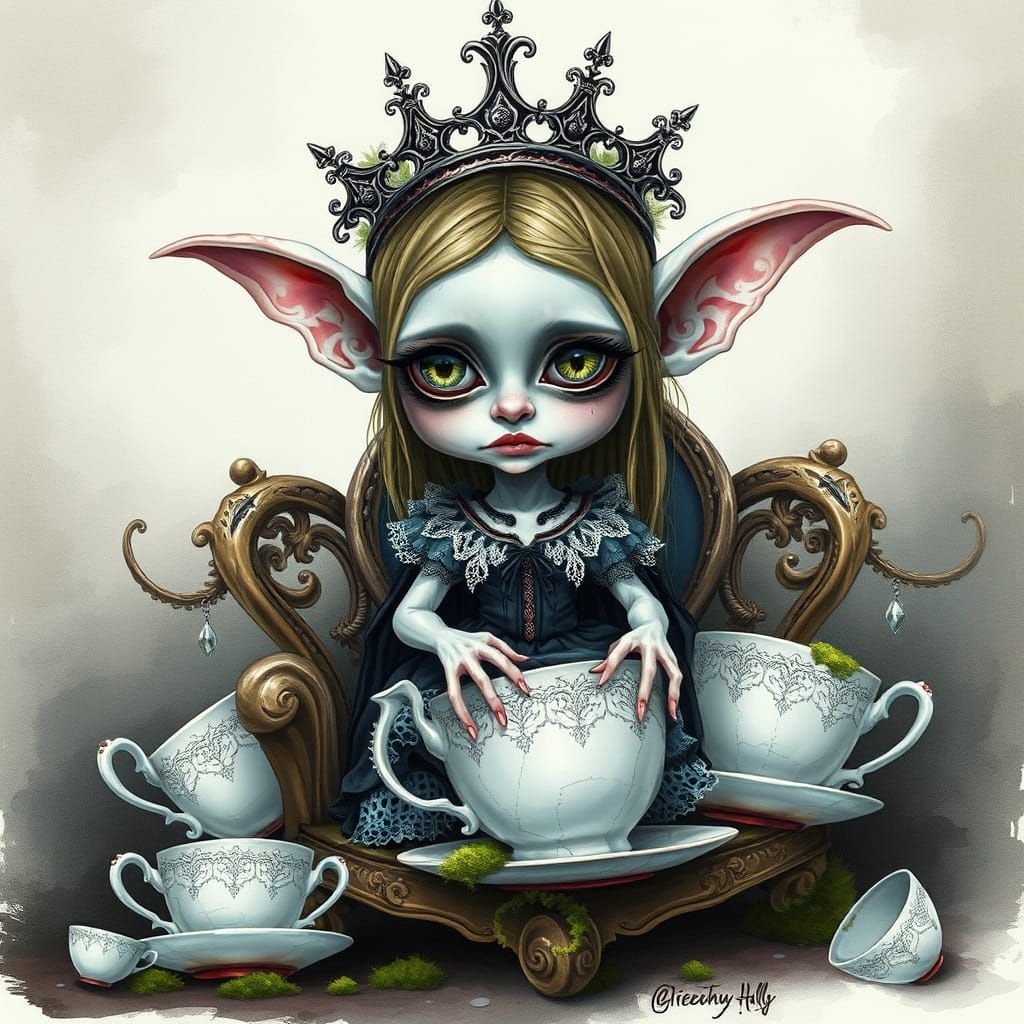 Goblin Queen on Teacup Throne: Watercolor Caricature