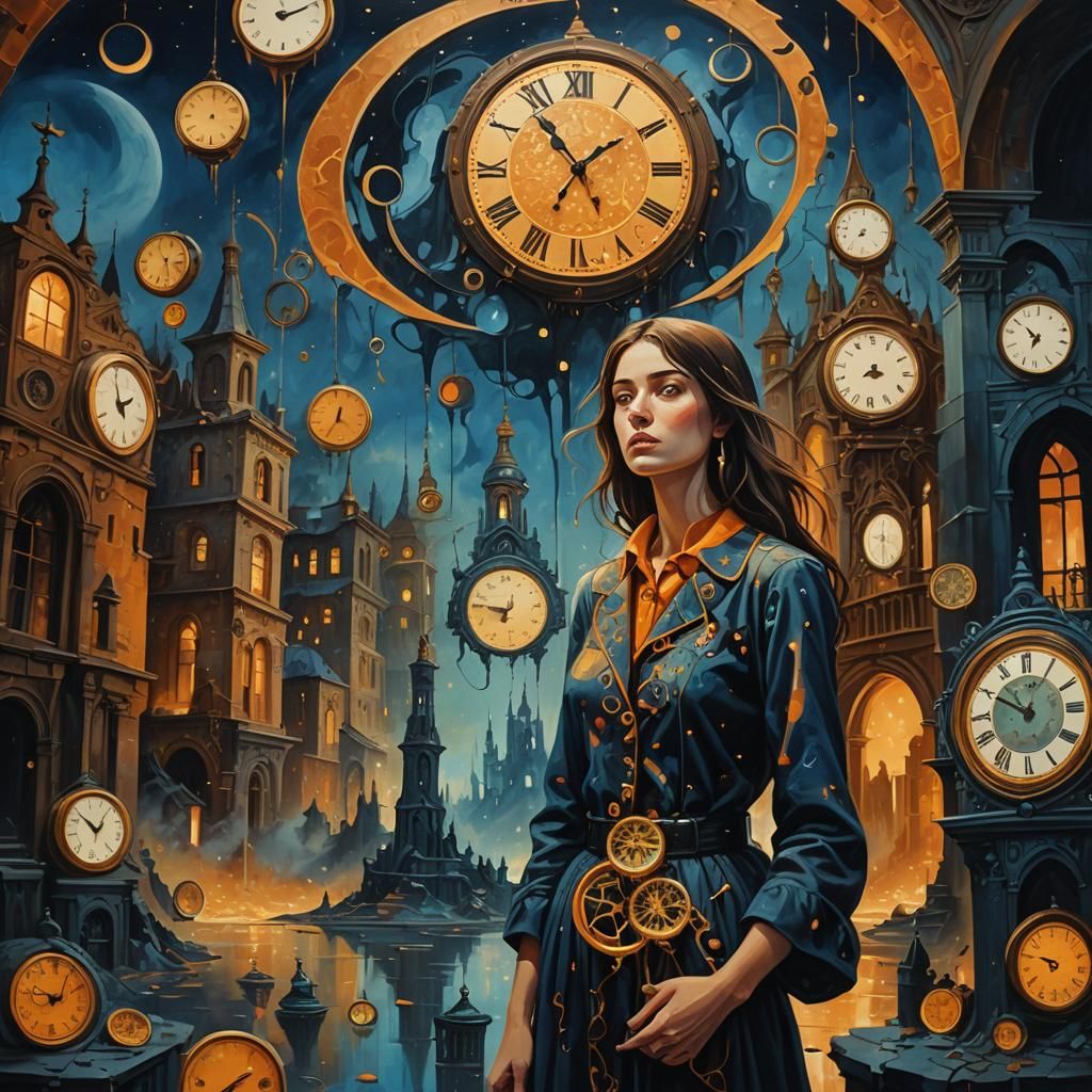 Surrealist Woman in Dreamlike City with Melting Clocks