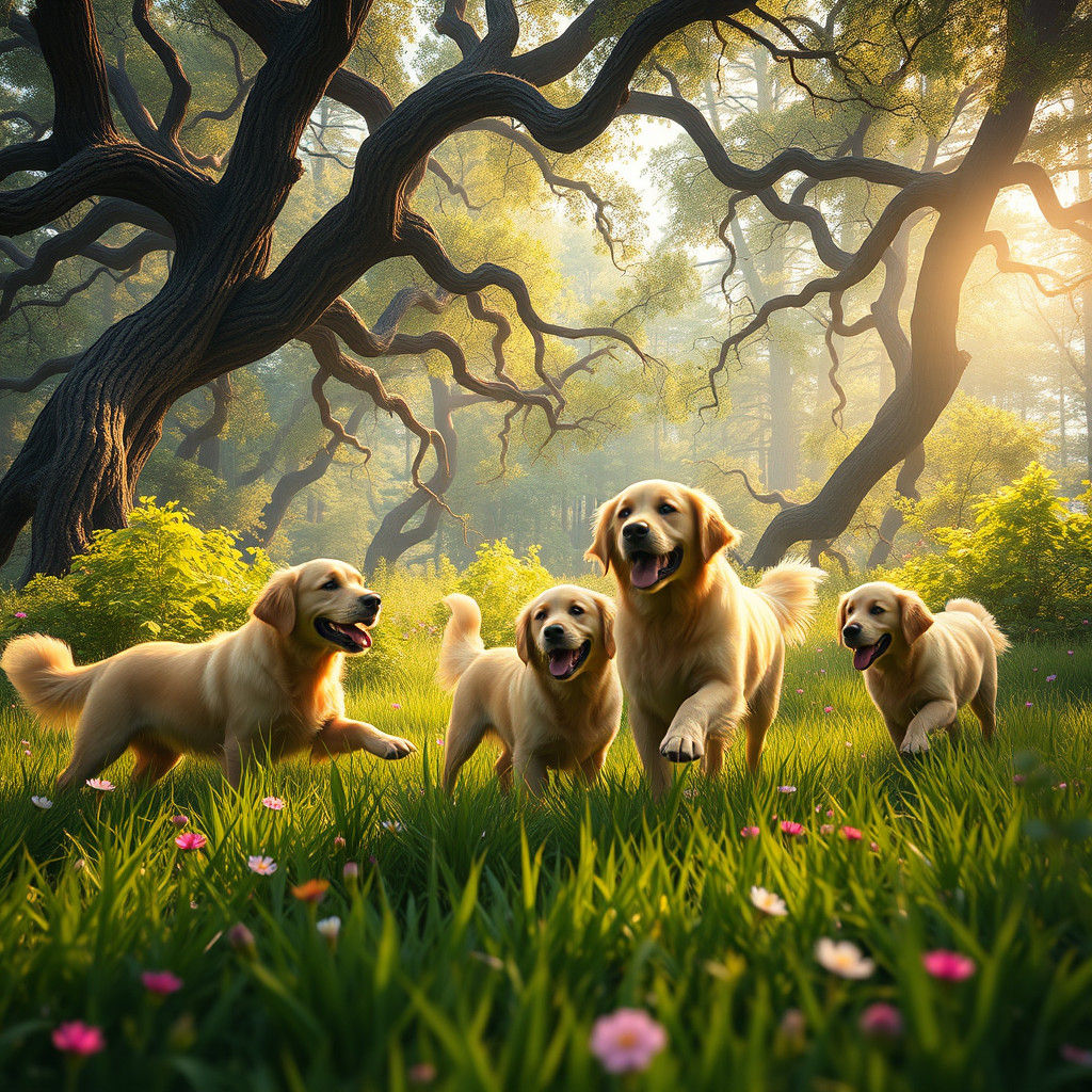 Golden Retrievers in Dreamlike Forest, Digital Matte Paintin...