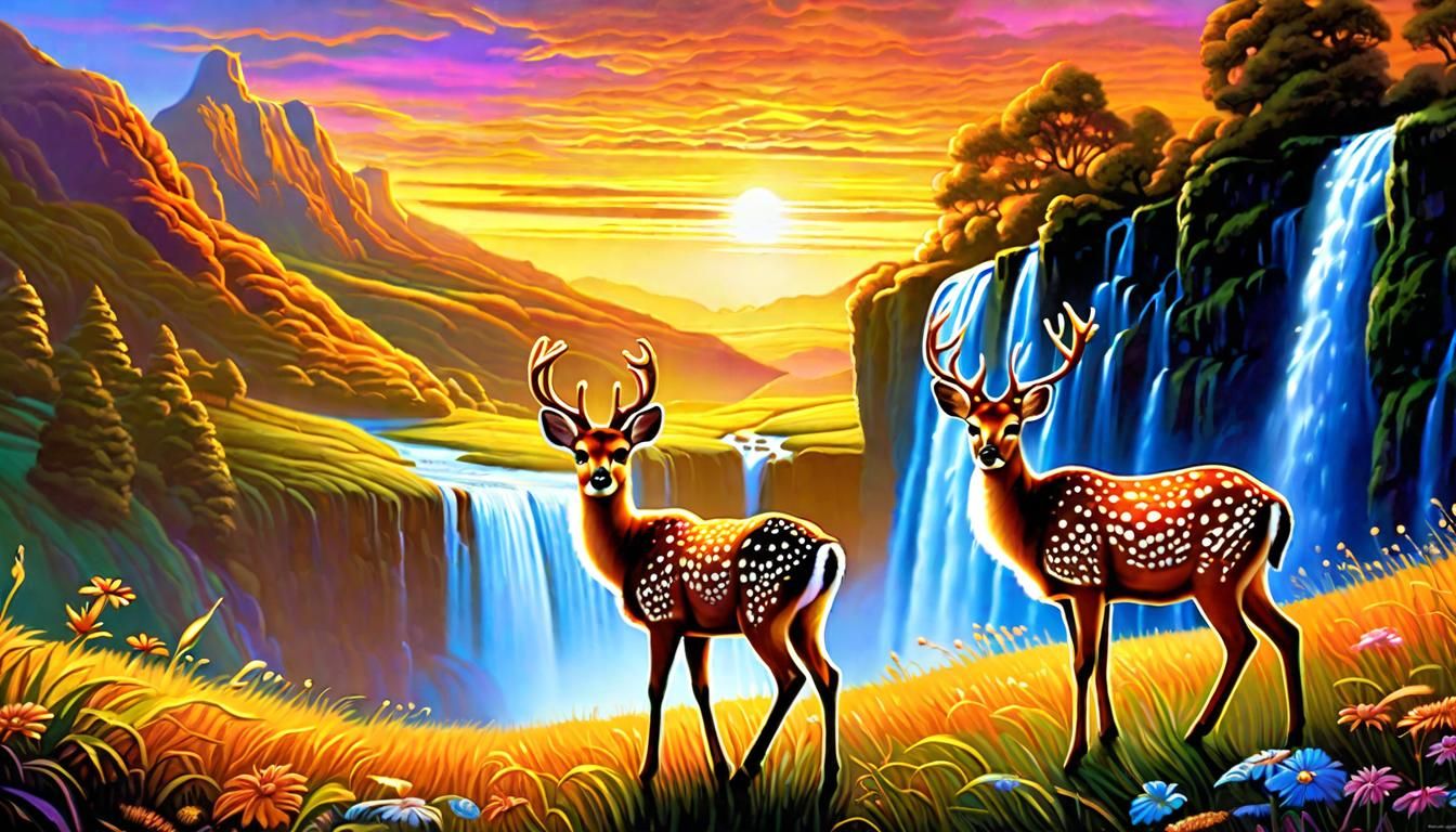 Spotted Deer in Meadow at Sunset, Fantasy Art