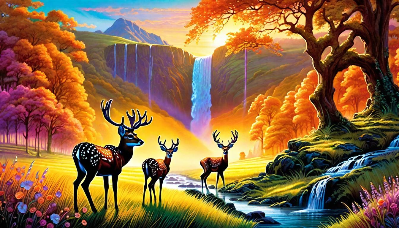 Spotted Deer at Sunset Waterfall: Watercolor Fantasy
