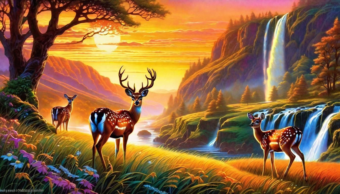 Spotted Deer at Sunset Waterfall, Watercolor Art