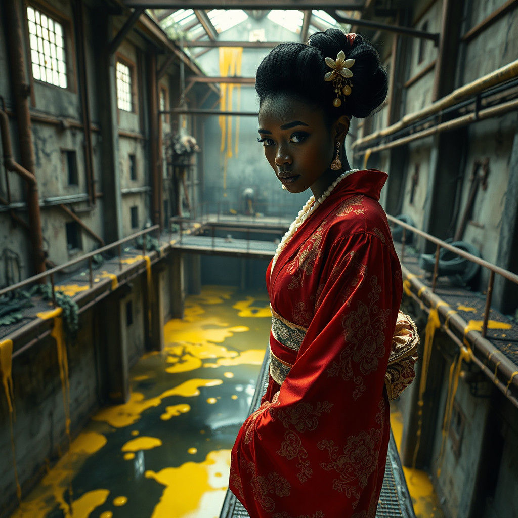Woman in Kimono Navigates Noxious Factory Wasteland