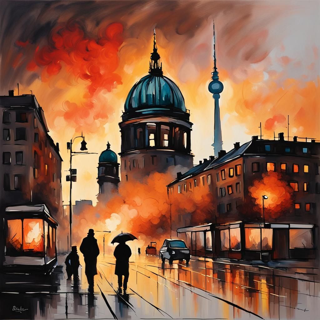 Berlin Silhouette Sunset Painting in Blanchard Style