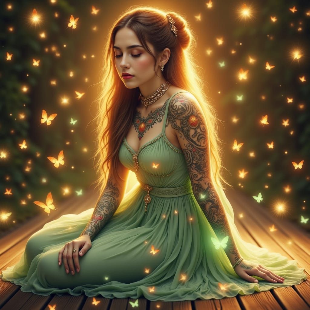 Serene Woman with Glowing Tattoos and Butterflies
