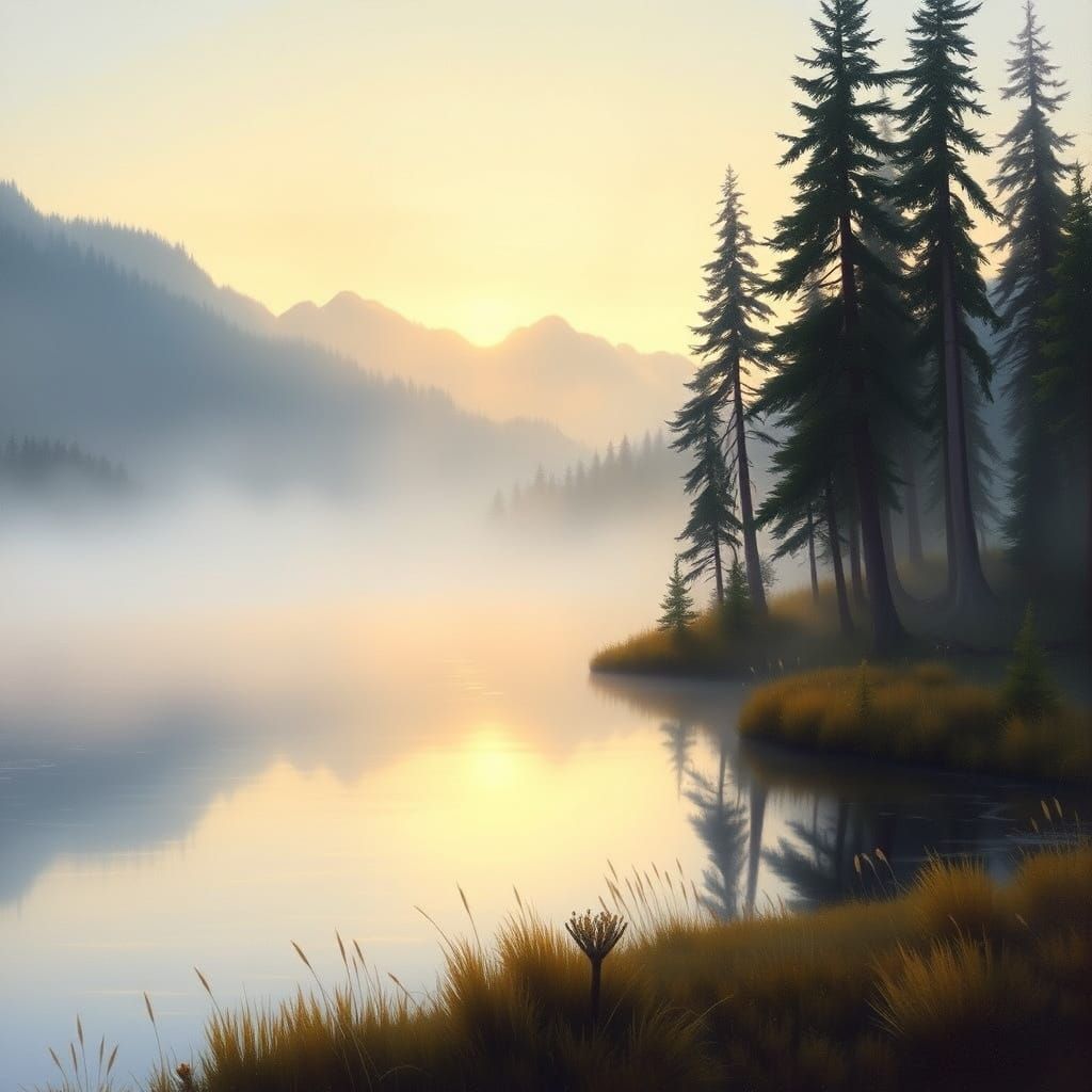 Misty Lake at Dawn: A Romantic Landscape Painting
