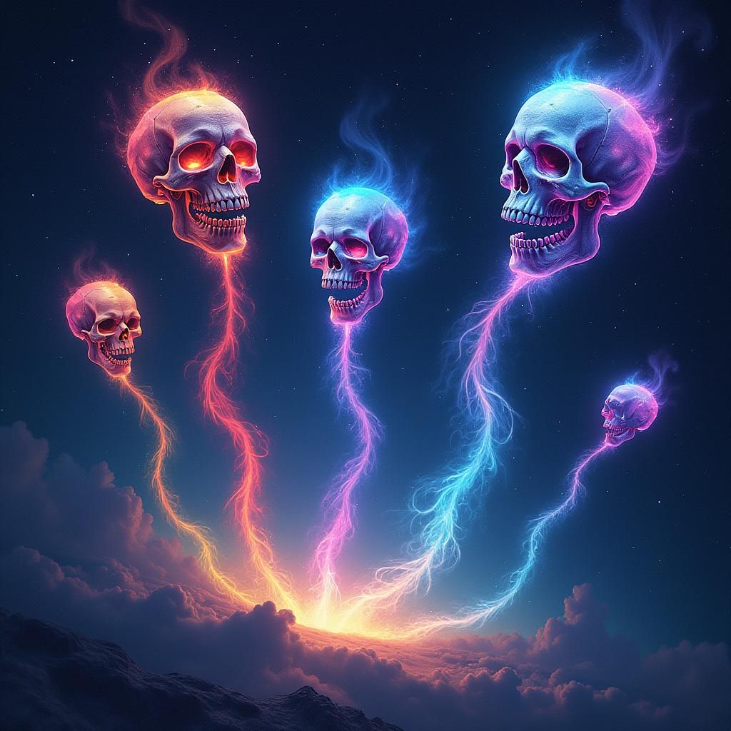 Rainbow Skull Comets Plunge from Starry Sky