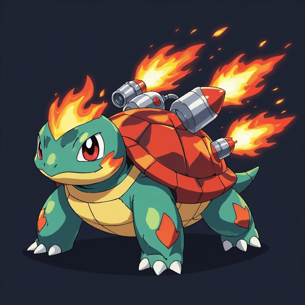 Fiery Rocket Turtle in Pokémon Style