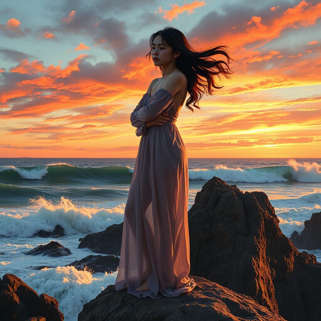 Sorrowful Young Woman Stands Alone on Cliffside