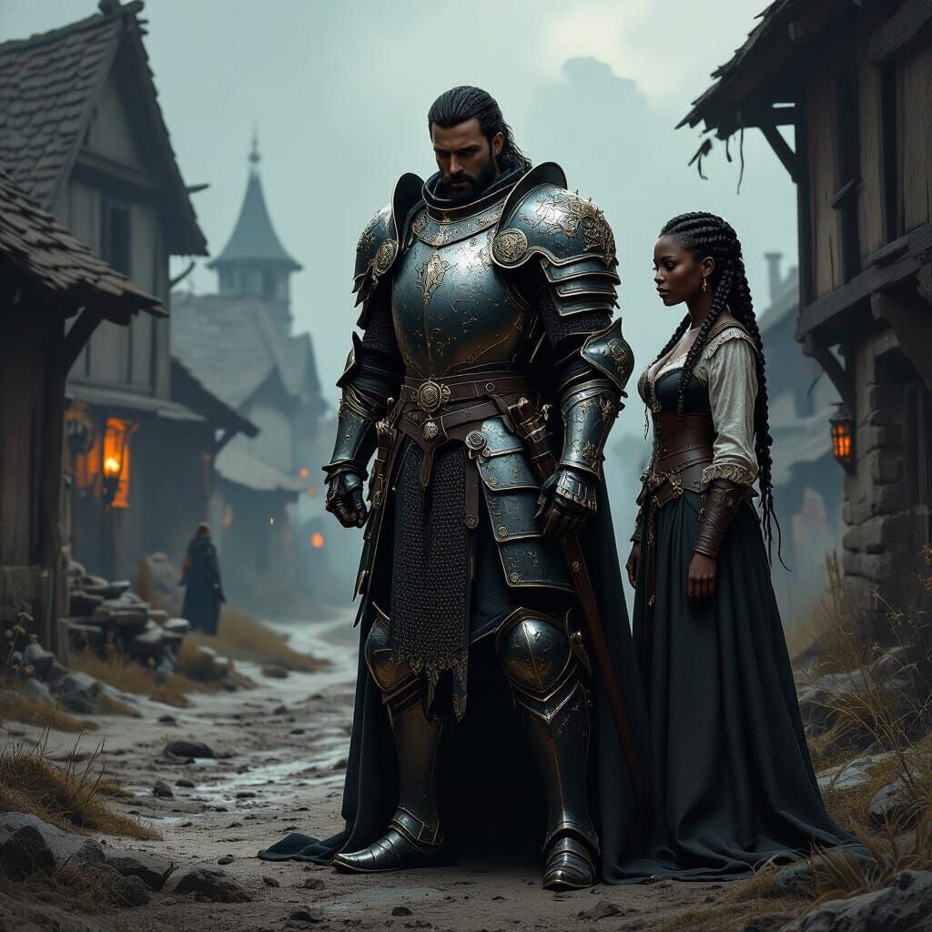 Medieval Knight and Companion in Shadowed Village