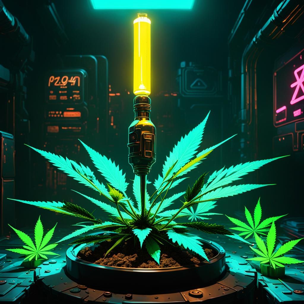 Plutonium with Cannabis Leaves in Cyberpunk Style