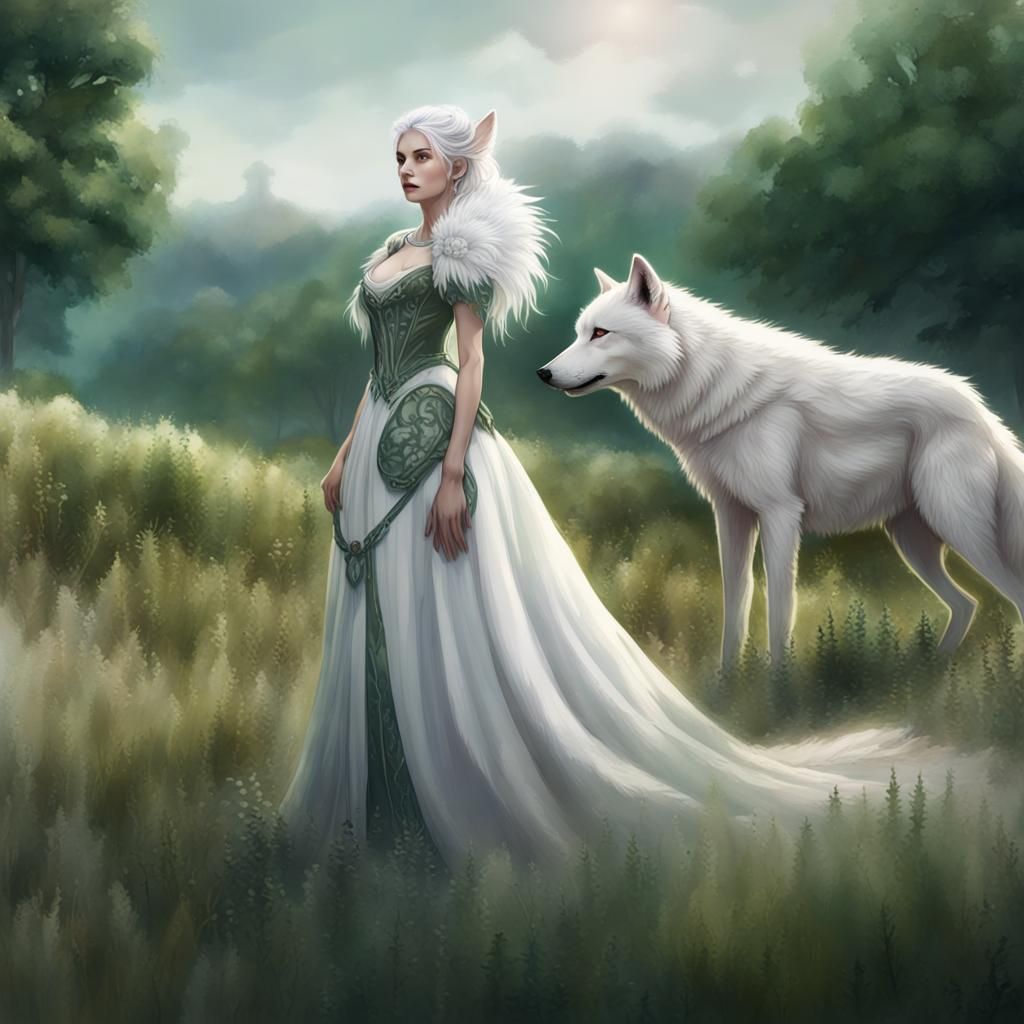 Wolf Woman in Field, Watercolor Style Painting
