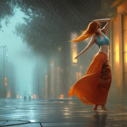 Girl Dancing in Rain: Hyperdetailed Concept Art