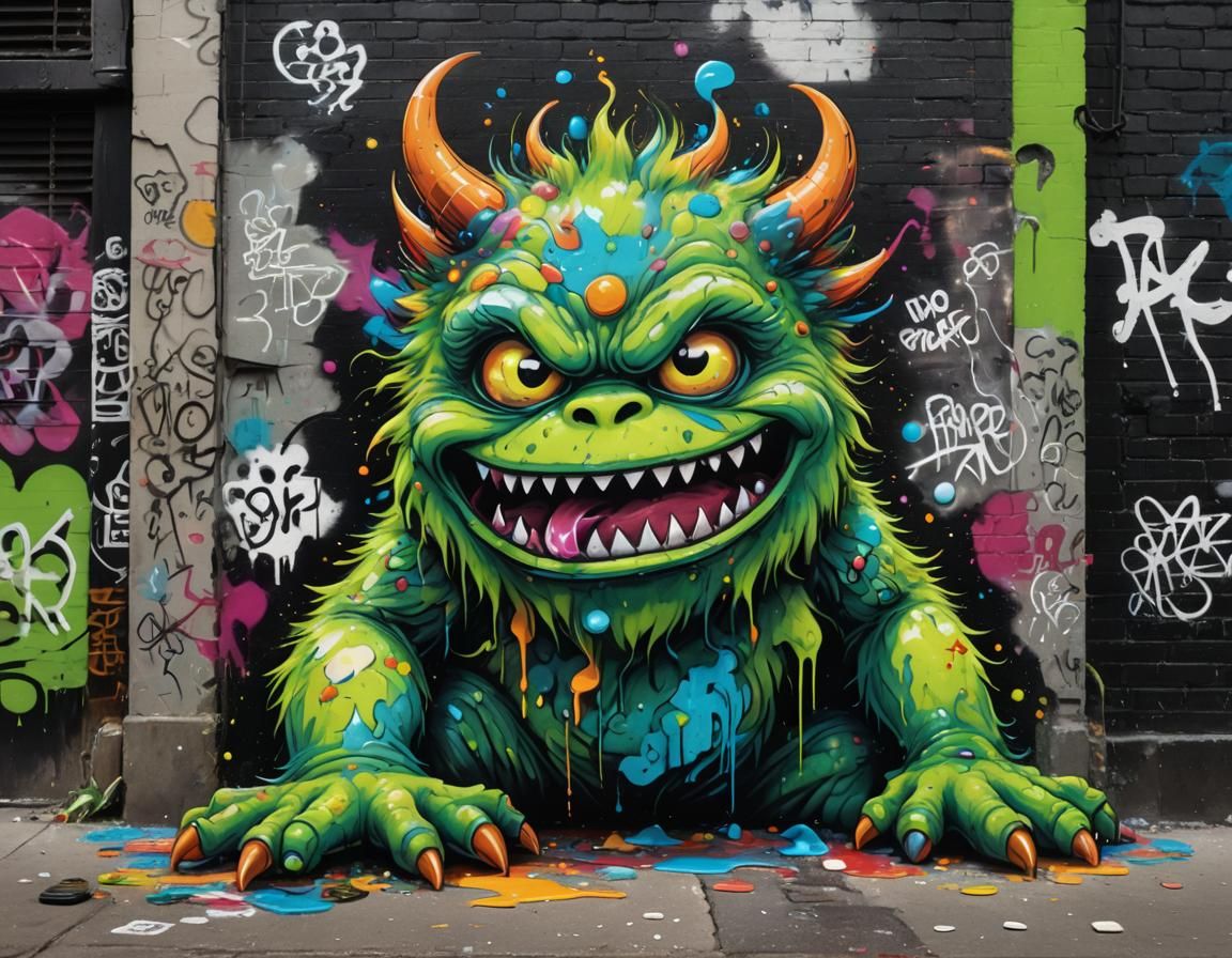 Cute Green Monster Smoking in Vibrant Street Art