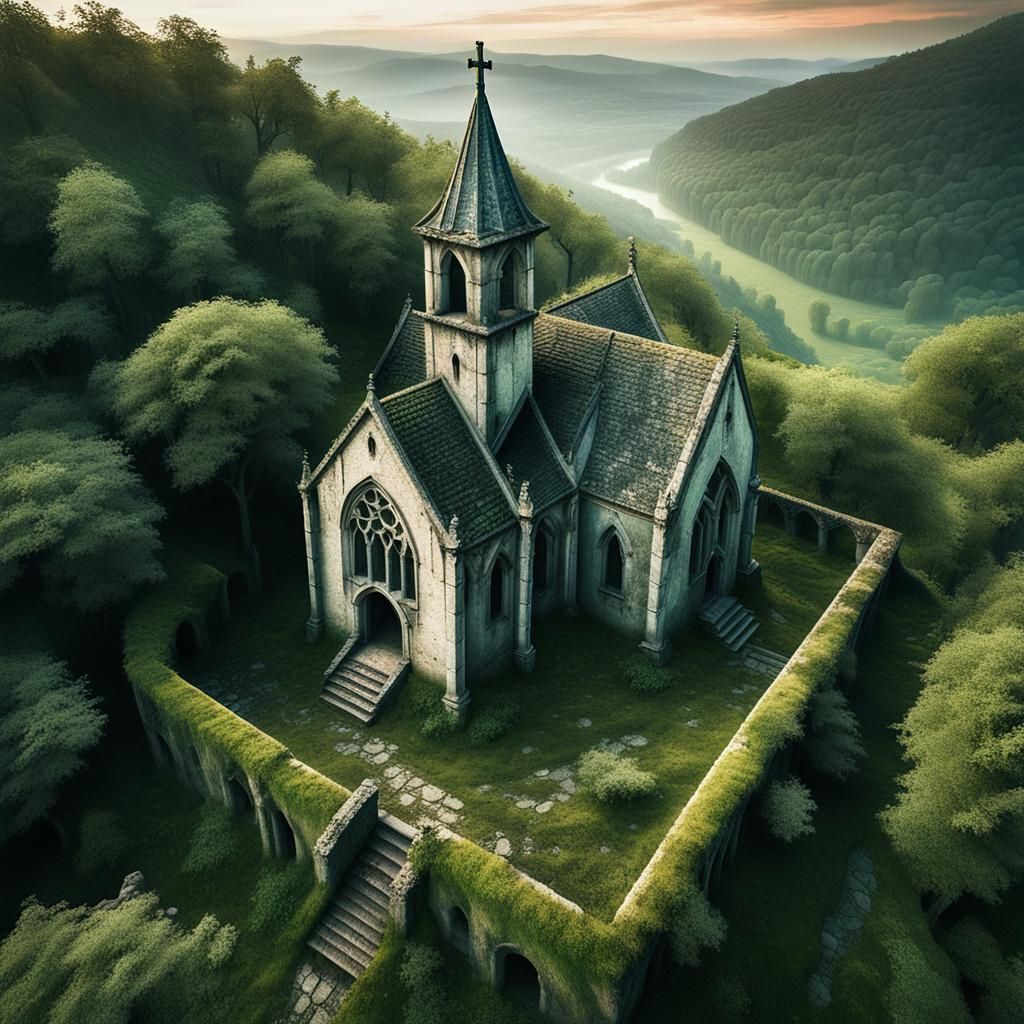 Gothic Chapel Ruins on Hill in Dark Fantasy Art