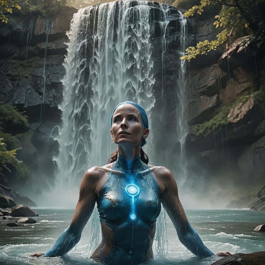 Female Dr. Manhattan Cooling by Waterfall