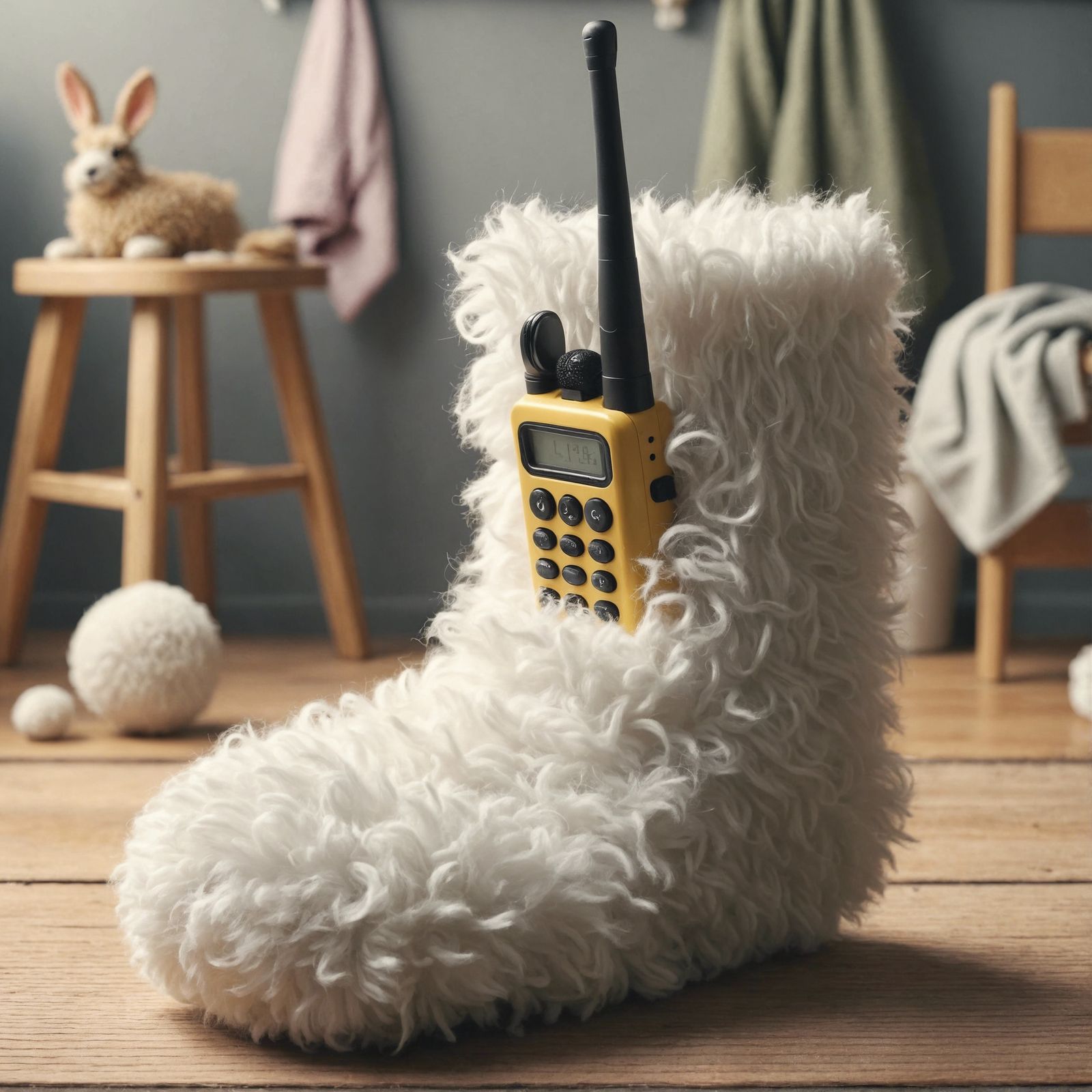 Fluffy Sock Walkie-Talkie in a Curious Room