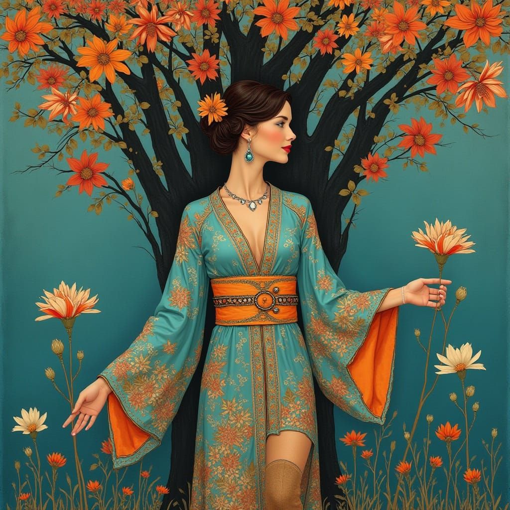 Elegant Woman in Kimono with Floral Tree, Art Nouveau Style