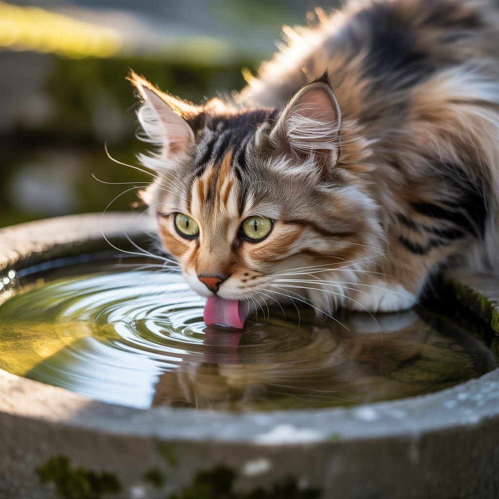 Fluffy Calico Cat Drinks Water with Intense Green Eyes