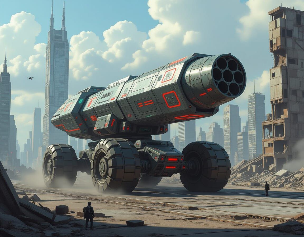 Retro-Futuristic Rocket Launcher in Ruined Cityscape