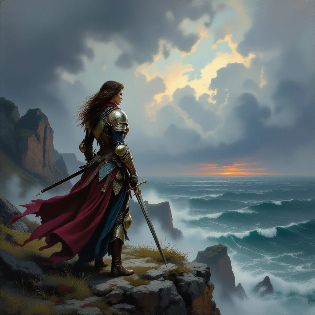 Medieval Adventurer in Rococo Armor, Romantic Landscape