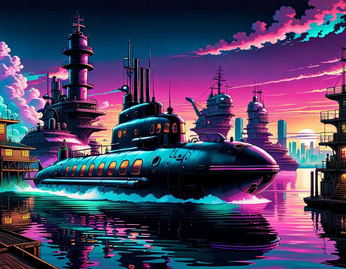 Vaporwave Submarine at Steampunk Harbor in Manga Style