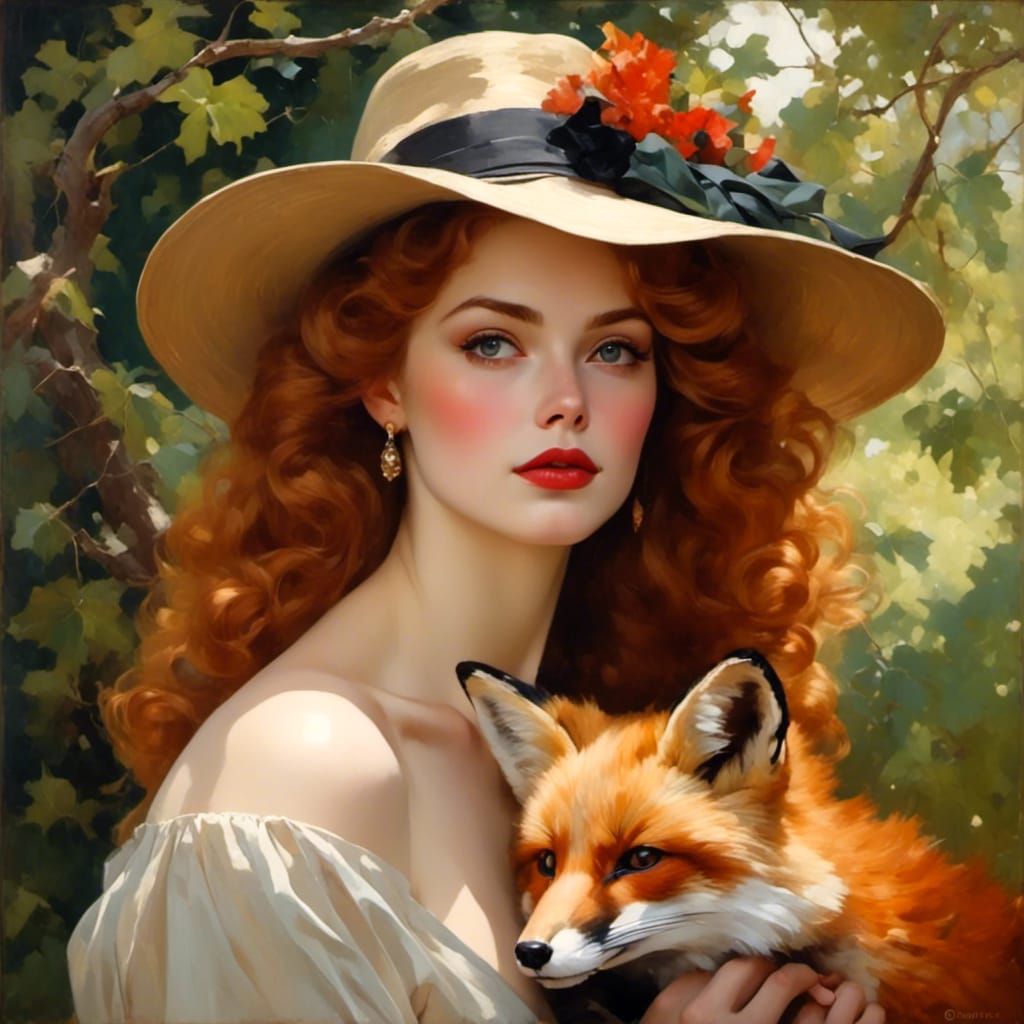 Elegant Redhead with Fox in Dreamy Oak Setting